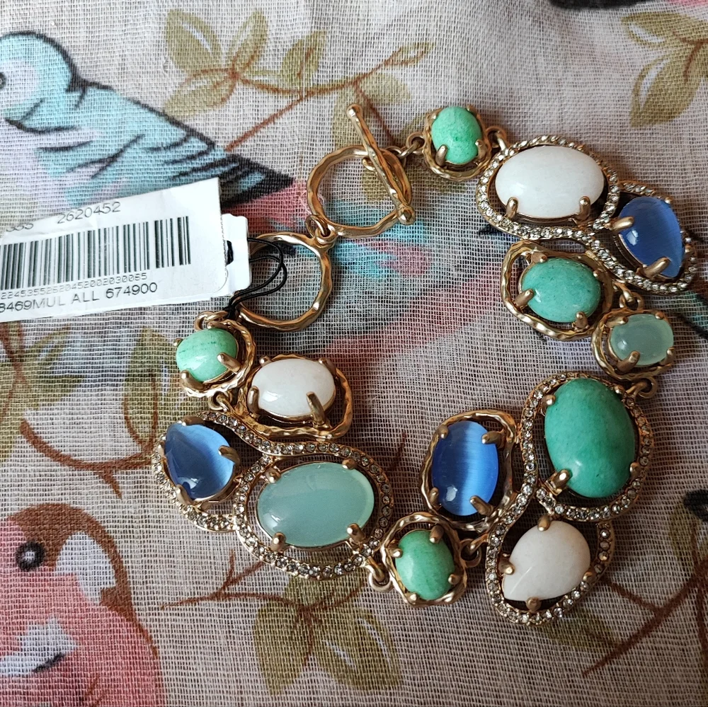 Badgley Mischka Ann Taylor Toggle Clasp Genuine Stones Bracelet Gold Tone Beachy